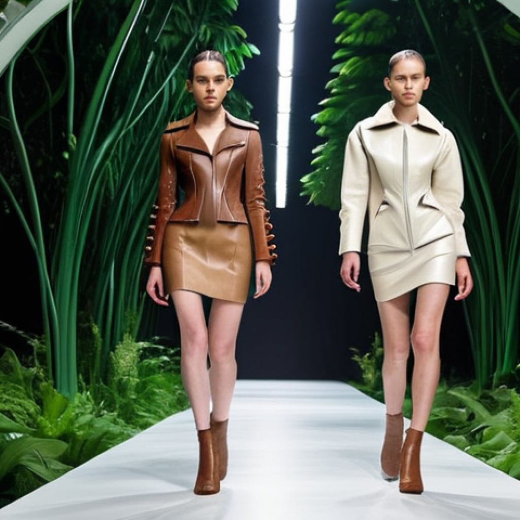 **

A futuristic fashion show featuring models wearing stylish, modern jackets and dresses made from mushroom-based leather. The backdrop highlights the eco-friendly and sustainable nature of the materials, with lush greenery and a focus on environmental conservation. The overall aesthetic is sleek, innovative, and conscious of nature.

**