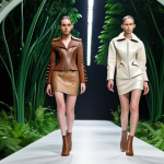 **

A futuristic fashion show featuring models wearing stylish, modern jackets and dresses made from mushroom-based leather. The backdrop highlights the eco-friendly and sustainable nature of the materials, with lush greenery and a focus on environmental conservation. The overall aesthetic is sleek, innovative, and conscious of nature.

**