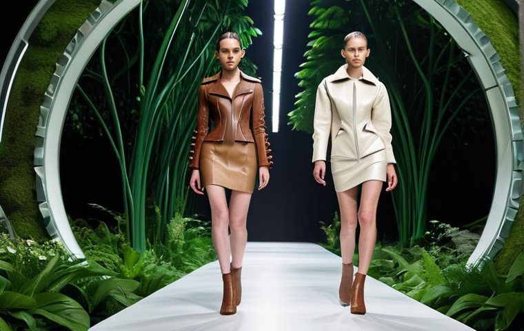 **
A futuristic fashion show featuring models wearing stylish, modern jackets and dresses made from mushroom-based leather. The backdrop highlights the eco-friendly and sustainable nature of the materials, with lush greenery and a focus on environmental conservation. The overall aesthetic is sleek, innovative, and conscious of nature.
**