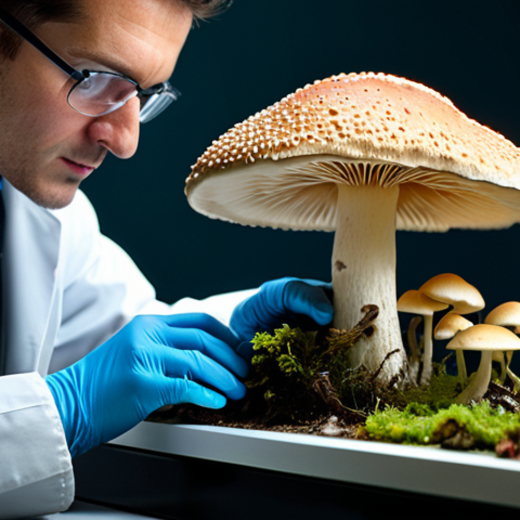 버섯 소재의 물리적 특성 - Mushroom Structure**
"Close-up professional photography of a fully clothed scientist examining a mu...