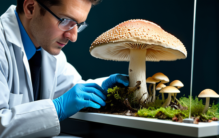 버섯 소재의 물리적 특성 - Mushroom Structure**
"Close-up professional photography of a fully clothed scientist examining a mu...