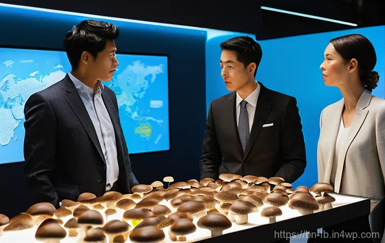 버섯 기반 소재의 법적 규제 - **Prompt:** A diverse group of professional adults, including a male regulator in a crisp suit, a fe...
