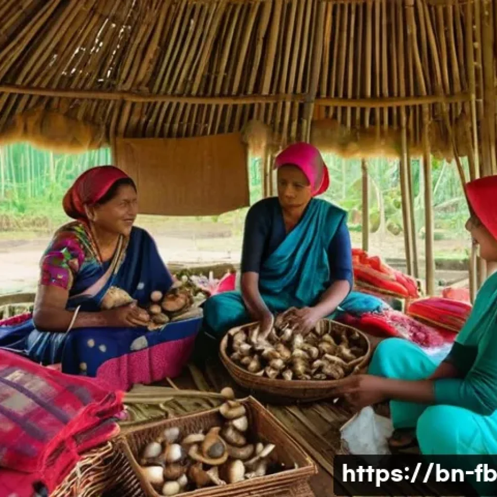 버섯 소재의 대체재 역할 - **Prompt:** A vibrant, colorful scene in a rural Bangladeshi village. A group of women, wearing trad...