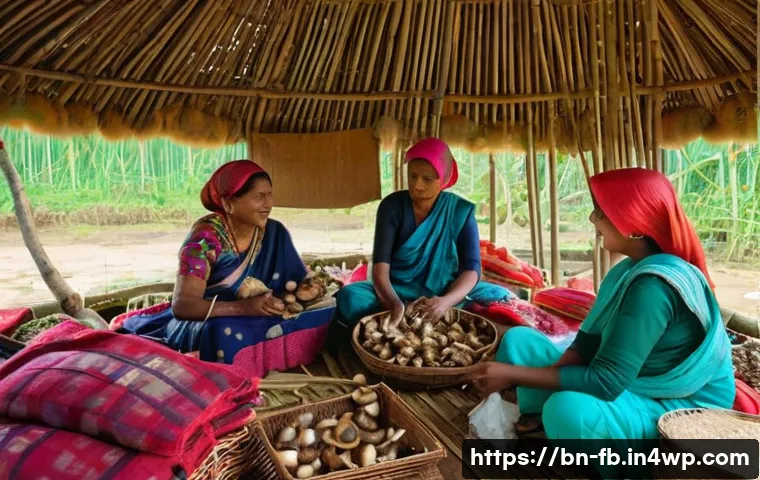 버섯 소재의 대체재 역할 - **Prompt:** A vibrant, colorful scene in a rural Bangladeshi village. A group of women, wearing trad...