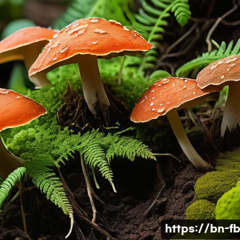 버섯 기반 생태계의 역할 - A detailed close-up of fertile soil teeming with diverse fungi breaking down dead plant and animal m...