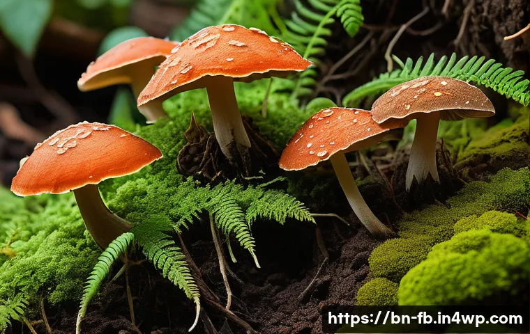 버섯 기반 생태계의 역할 - A detailed close-up of fertile soil teeming with diverse fungi breaking down dead plant and animal m...