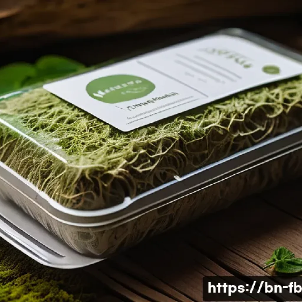 버섯 소재의 재활용 가능성 - A detailed close-up of eco-friendly mushroom packaging made from mycelium fibers, showcasing its nat...