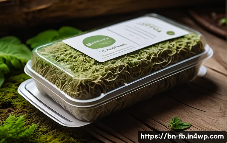 버섯 소재의 재활용 가능성 - A detailed close-up of eco-friendly mushroom packaging made from mycelium fibers, showcasing its nat...
