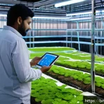 Home 22 버섯 기반 제품의 상용화 사례 - A modern mushroom farm interior showing automated temperature and humidity control systems, smart fa...