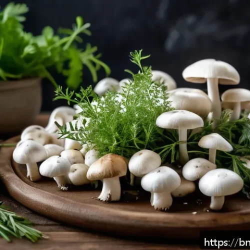 Home 33 버섯 소재의 화학적 성질 - A vibrant, close-up composition of fresh white button mushrooms on a rustic wooden table, surrounded...