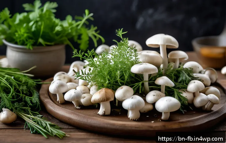 버섯 소재의 화학적 성질 - A vibrant, close-up composition of fresh white button mushrooms on a rustic wooden table, surrounded...