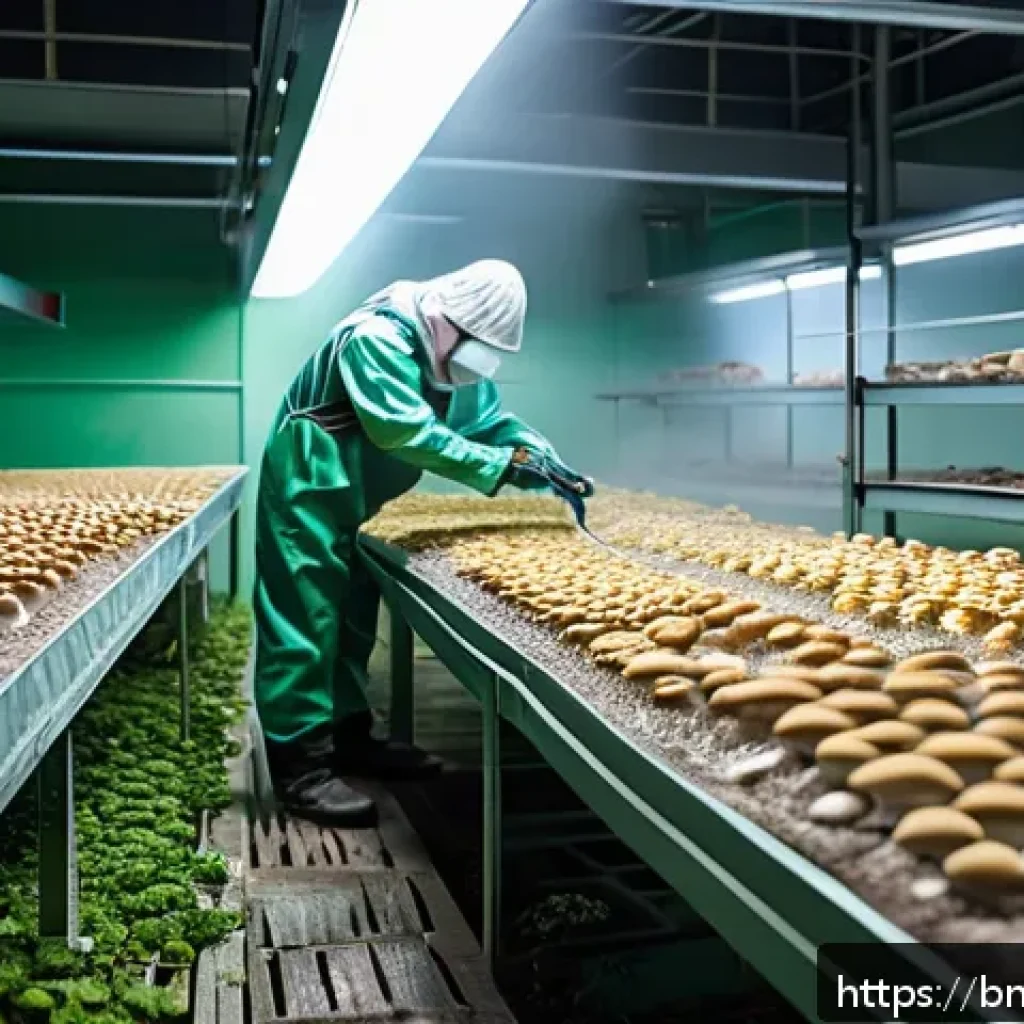 버섯 소재의 경제적 이점 - A detailed, realistic indoor mushroom farming setup in a shaded environment with soft diffused light...