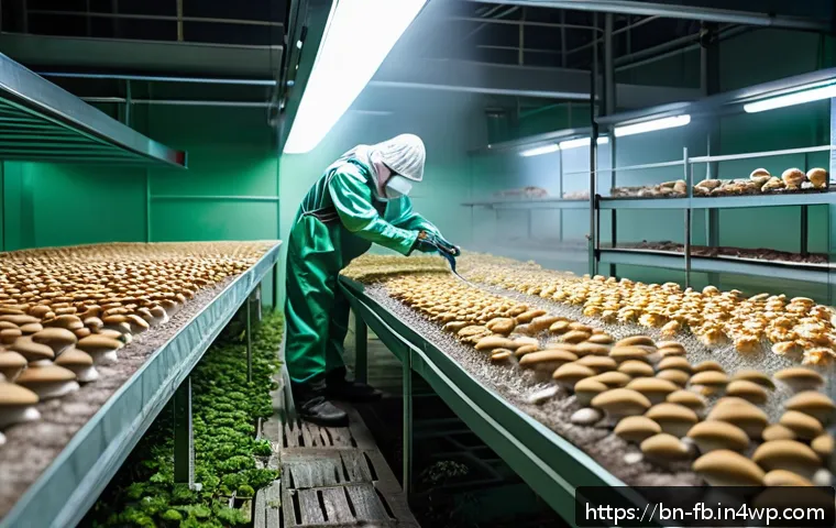 버섯 소재의 경제적 이점 - A detailed, realistic indoor mushroom farming setup in a shaded environment with soft diffused light...