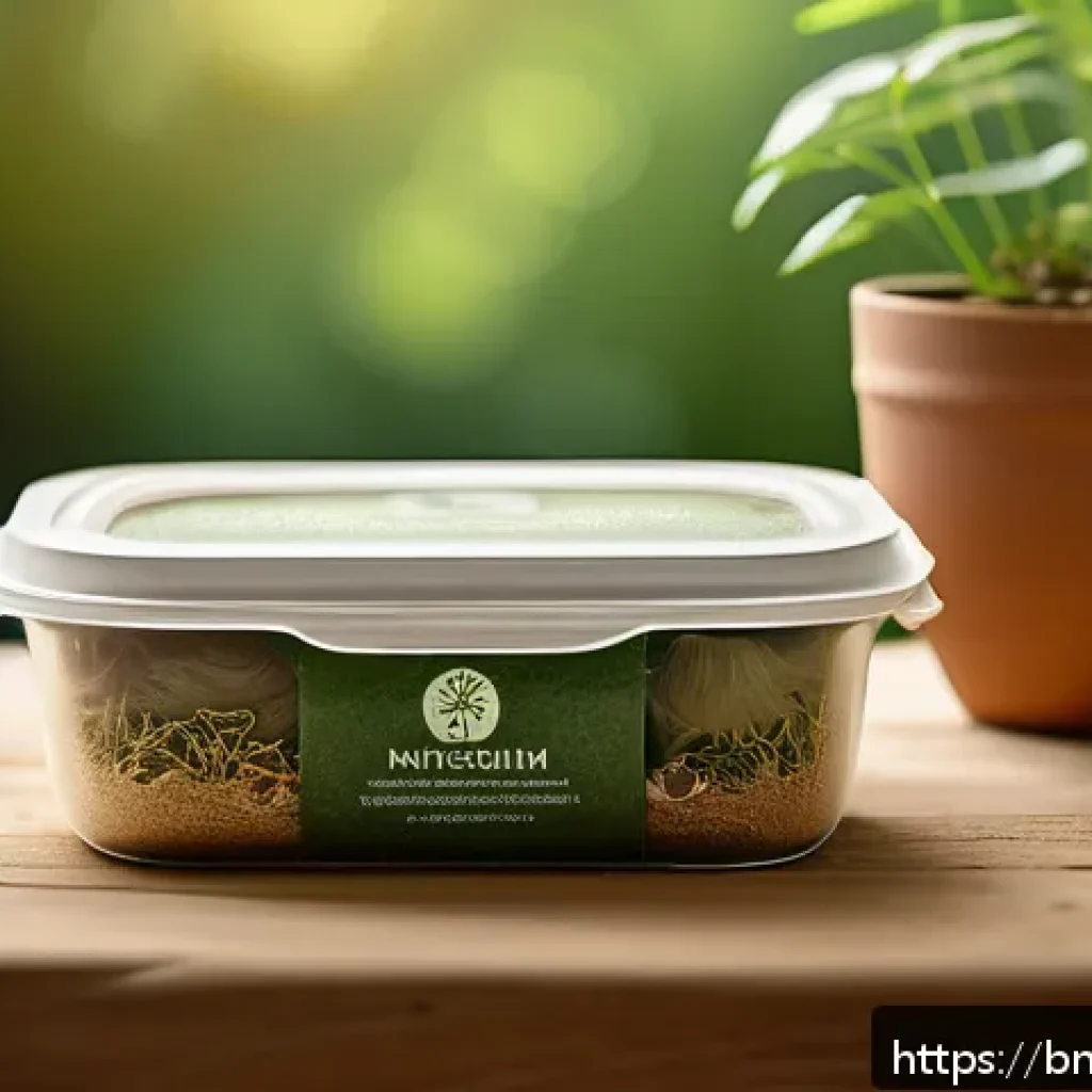 버섯 기반 소재의 제조 기술 - A close-up scene of eco-friendly packaging made from mushroom mycelium fibers, displayed on a natura...