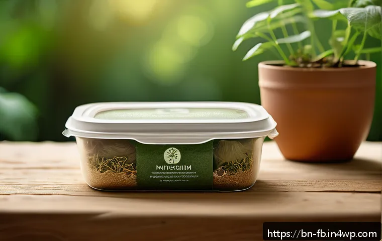 버섯 기반 소재의 제조 기술 - A close-up scene of eco-friendly packaging made from mushroom mycelium fibers, displayed on a natura...